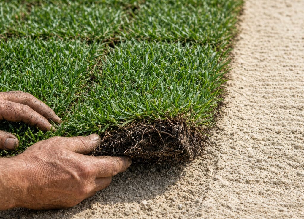 Plain-sod-by-hand | Connolly Landscaping Hands setting a square of sod onto bare raked soil, with the root layer and soil visible on the underside.