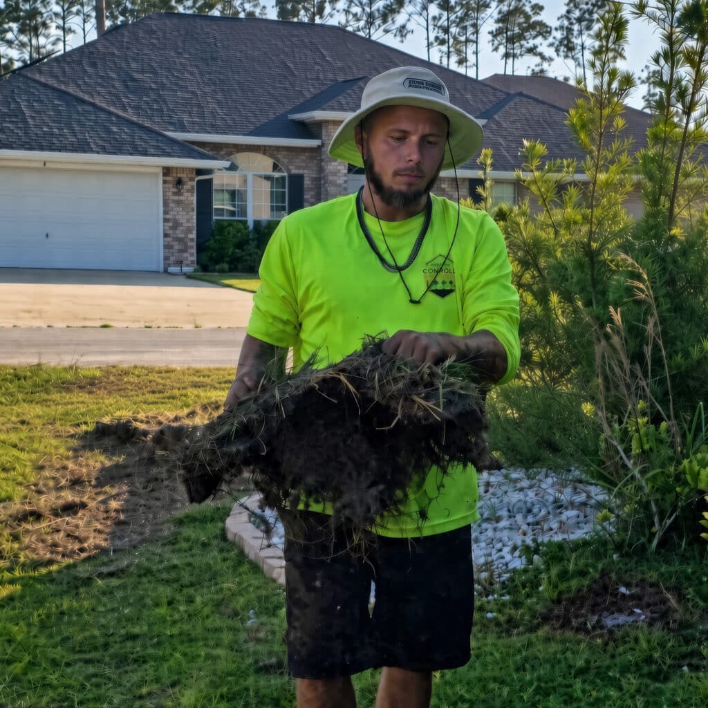 Shane-Connolly-installing-sod | Connolly Landscaping Shane Connolly holds a torn-out clump of old grass, roots and dirt still attached, in a front yard.