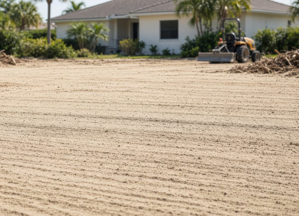 Top-soil-for-sod | Connolly Landscaping A compact loader smoothing freshly graded soil in front of a house with palm trees, prepping the ground for new sod.