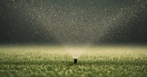 A sprinkler head spraying a fan of water across a green lawn in early morning light