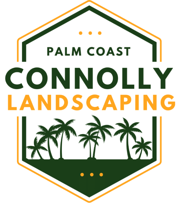 A logo with a hexagonal border that reads Palm Coast Connolly Landscaping above a row of palm trees, using green and orange colors.