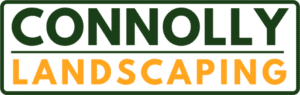 Logo for Connolly Landscaping. CONNOLLY is written in bold dark green uppercase letters above a line, with LANDSCAPING in bold orange uppercase letters below. Both words are enclosed in a green rectangle.