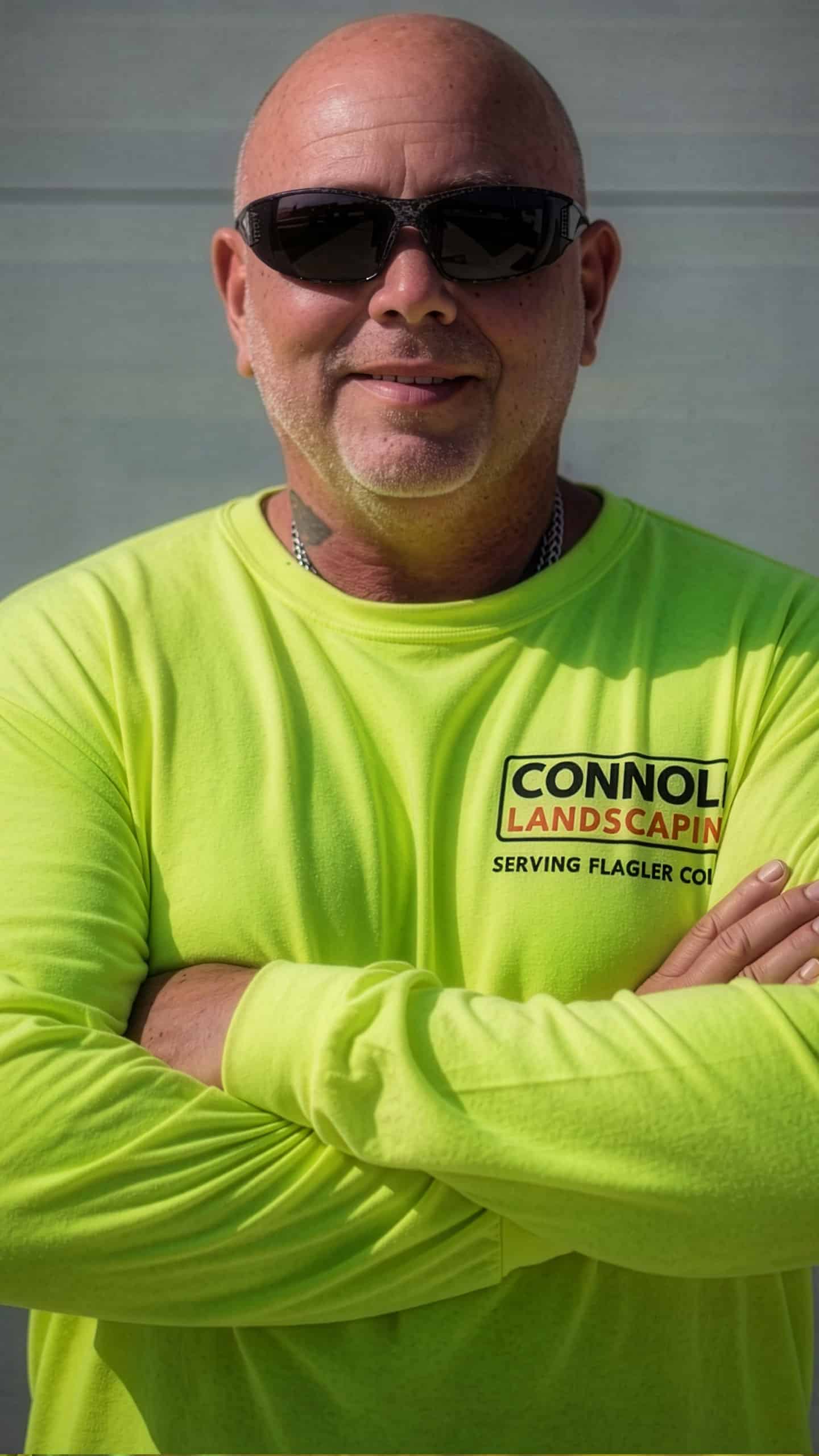 A man wearing black sunglasses and a bright yellow long-sleeve shirt with “Connolly Landscaping” and “Serving Flagler County” printed on it stands with arms crossed, smiling in front of a light background.