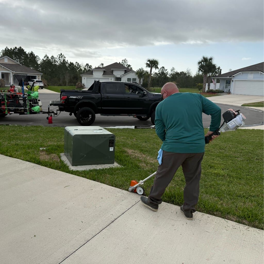 A person in a green shirt uses a string trimmer to edge the grass along a sidewalk in a suburban neighborhood, with a truck and lawn equipment in the background under a cloudy sky.